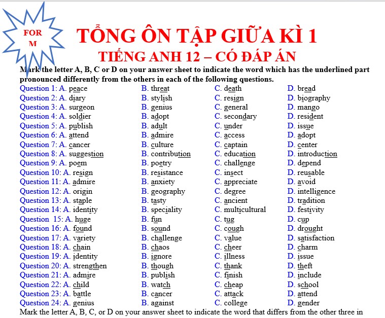 Tổng ôn tập giữa kỳ 1 tiếng anh 12 Global success có đáp án